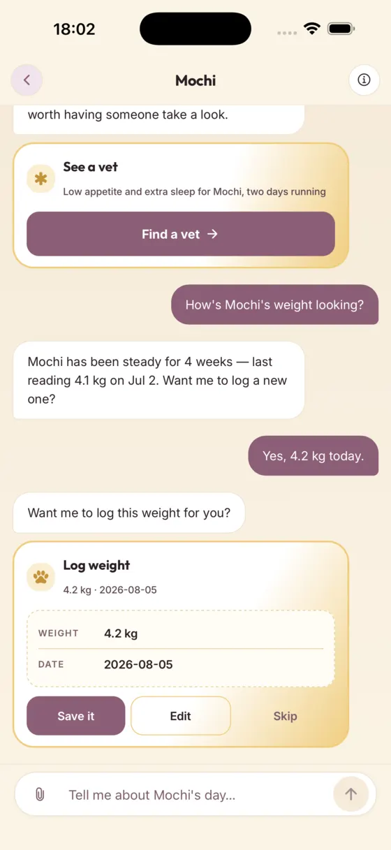 The Gatsou assistant confirming a new weight entry in a chat