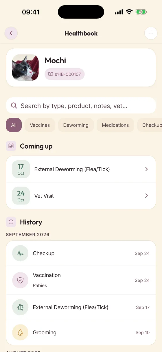 The Gatsou healthbook, listing upcoming care above past records