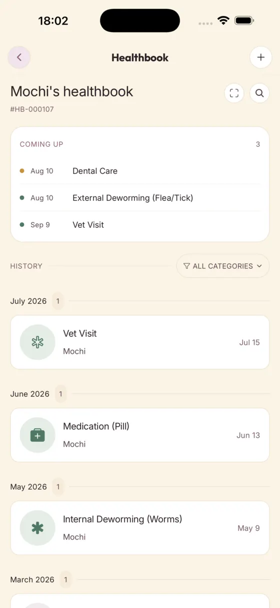 The Gatsou healthbook, listing upcoming care above past records